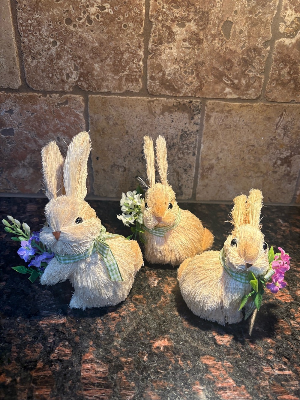 3pc Sisal Easter Bunny Figurine Set Floral Spring Holiday Tabletop Decor Bundle